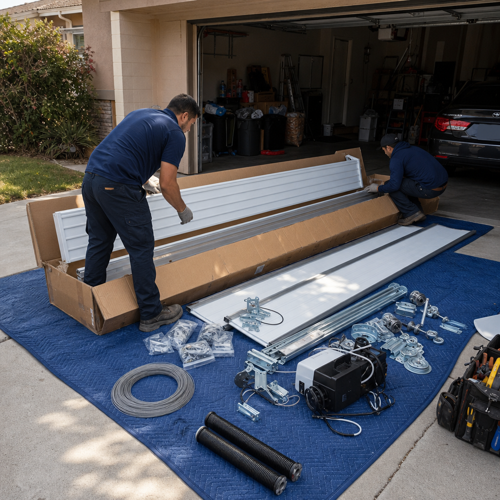 Two professional technicians installing a new garage door system on a mat