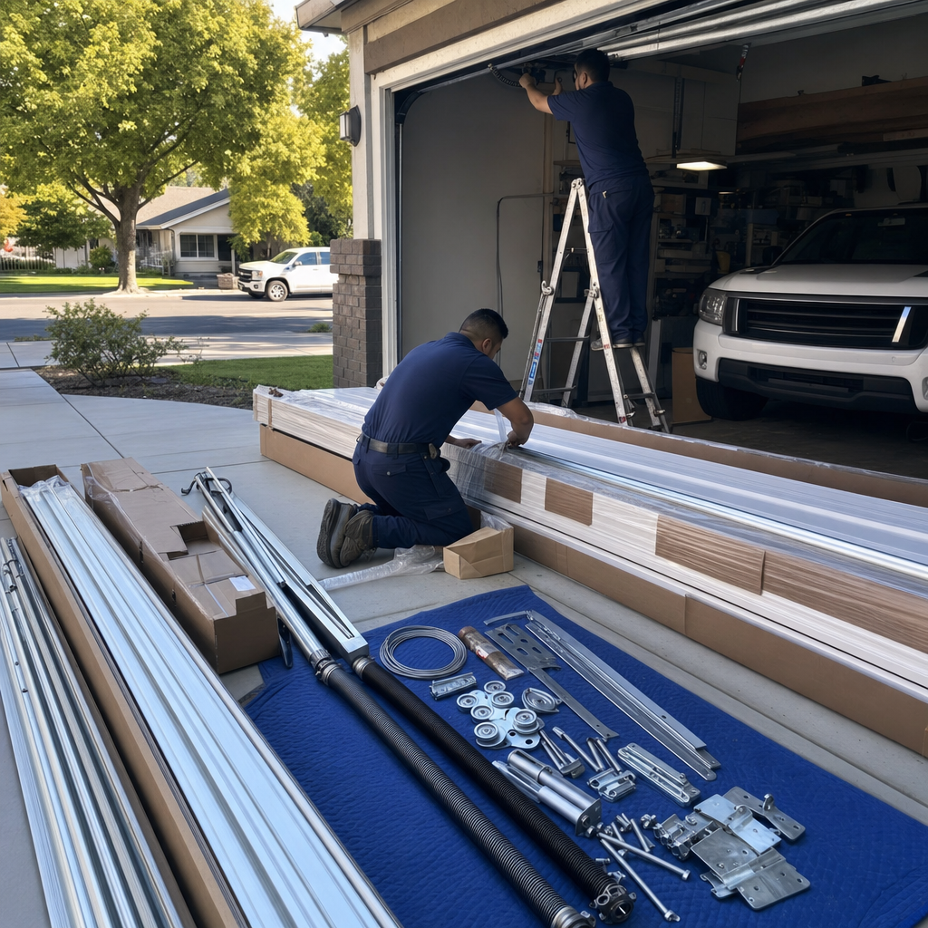 Two technicians installing a new garage door system with parts laid out