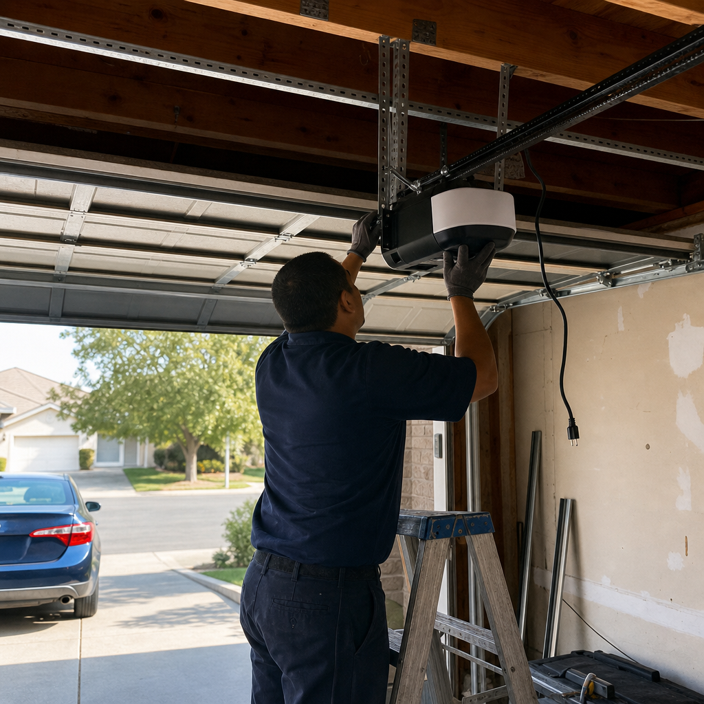 Technician installing or repairing a garage door opener motor