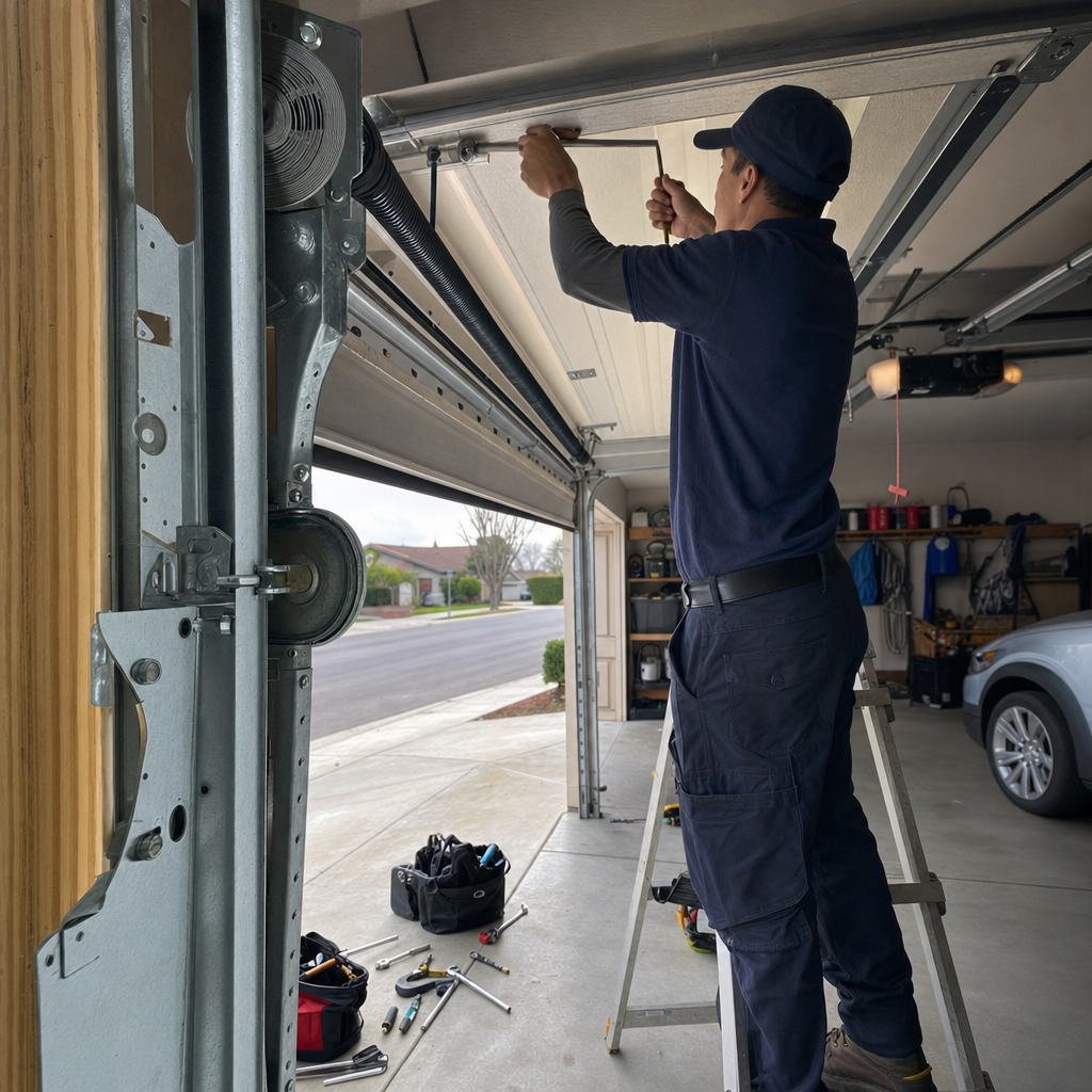 Technician performing garage door maintenance and parts repair on a residential door