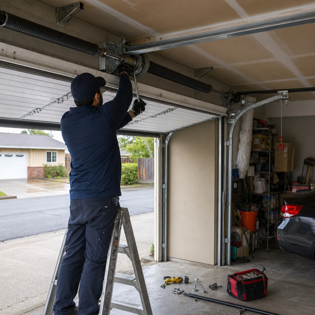 Technician performing professional garage door spring repair and maintenance