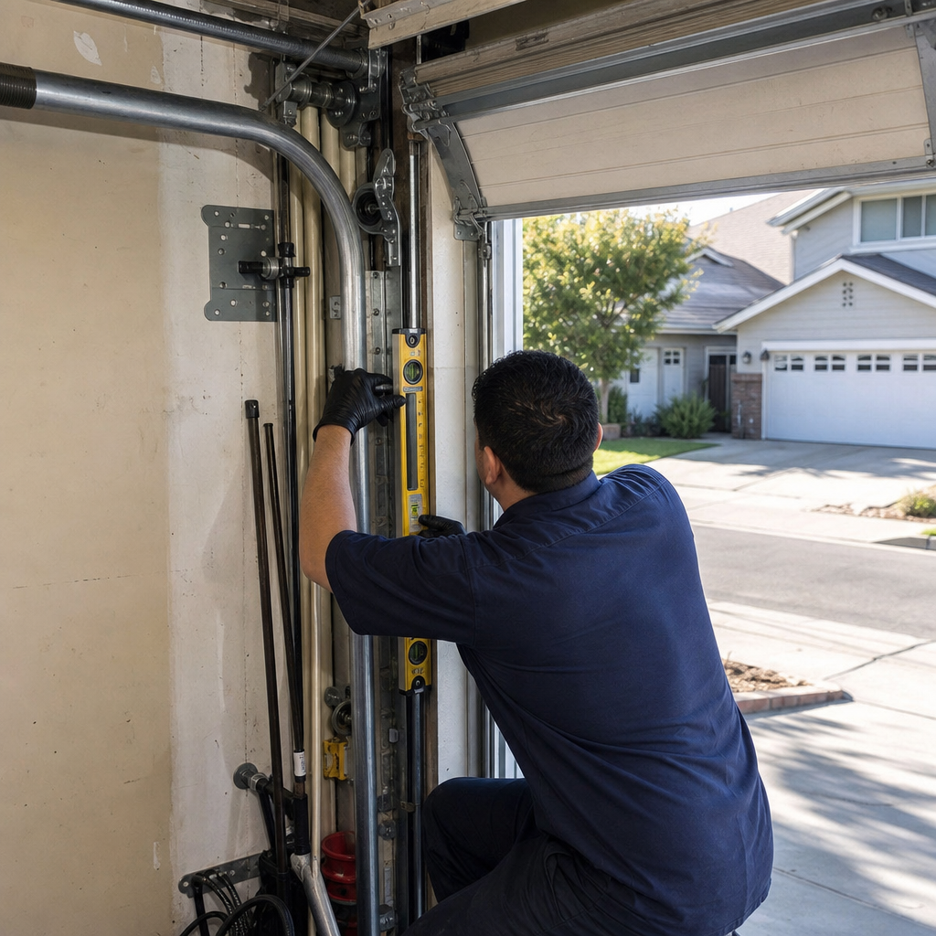 Technician using a spirit level for professional garage door track repair