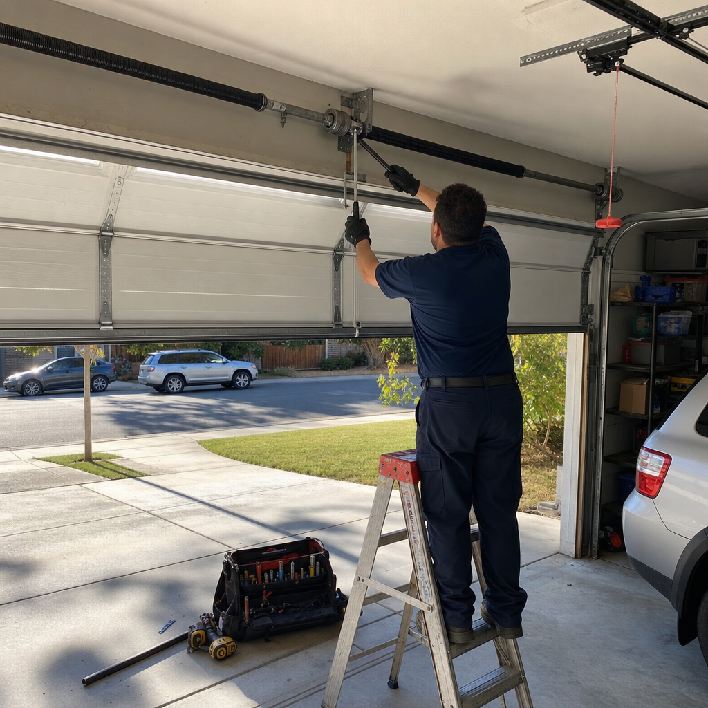 Technician performing professional garage door spring repair and maintenance