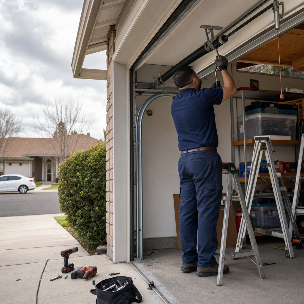 Technician performing professional emergency garage door spring repair services in Sacramento, CA