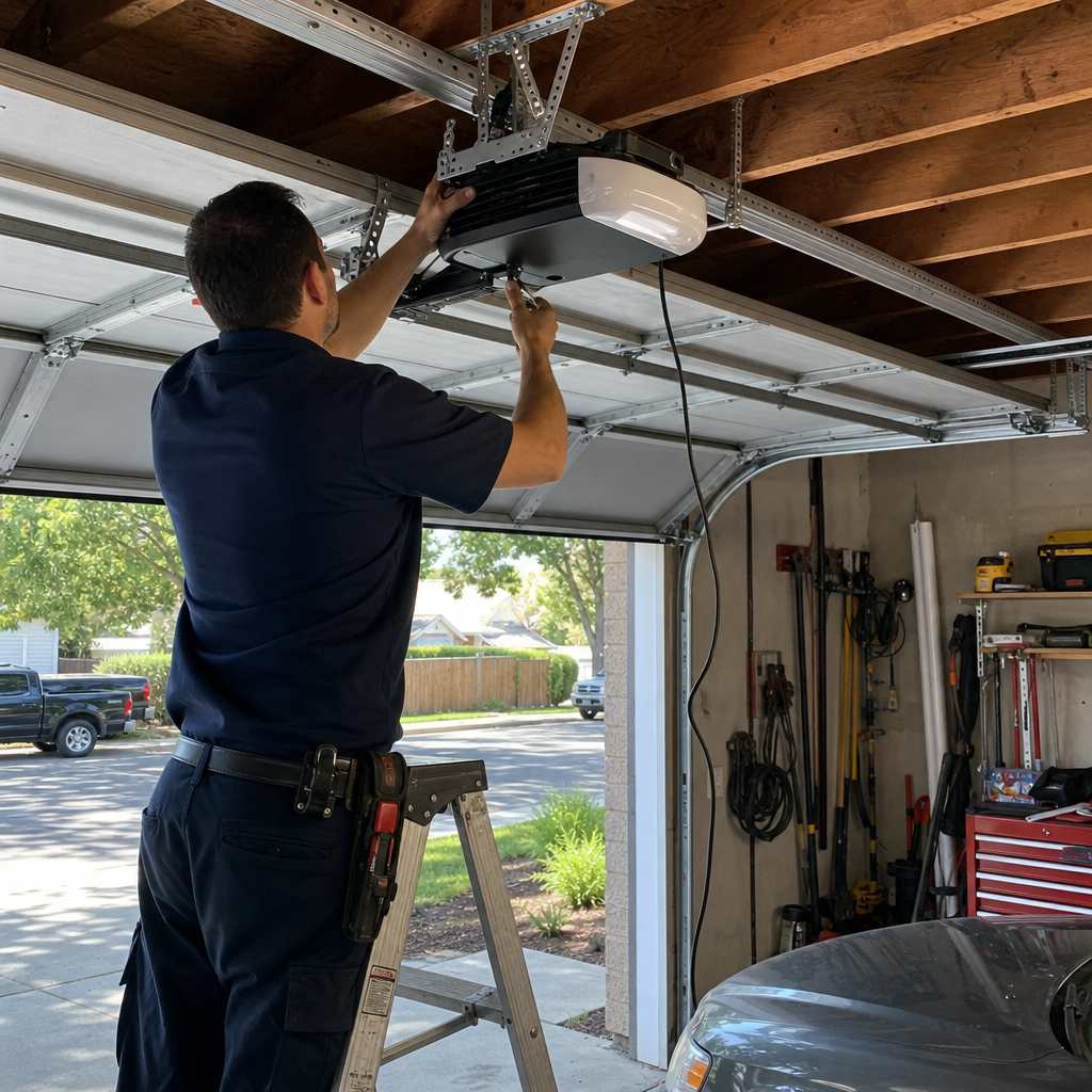 Technician performing professional garage door opener installation and maintenance
