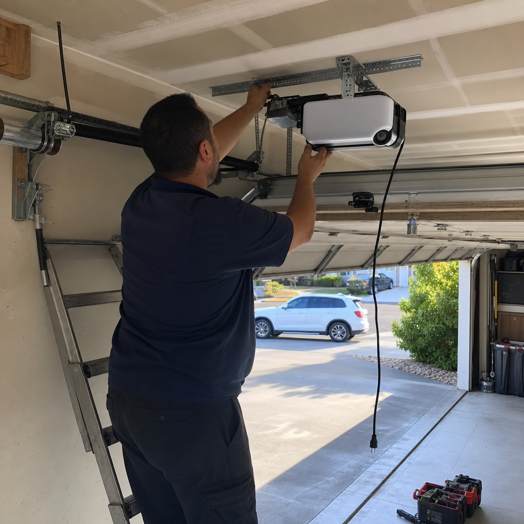Technician installing a modern overhead garage door opener system