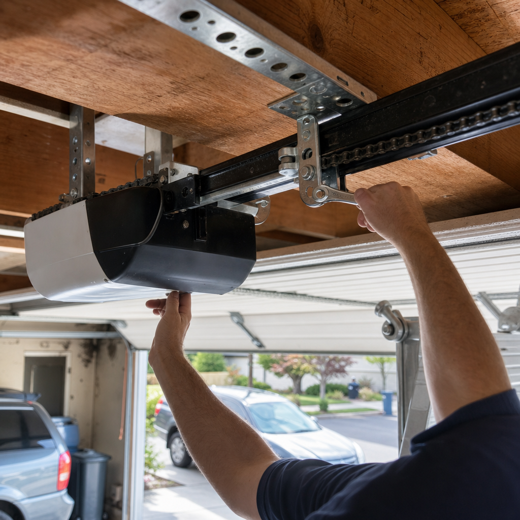 Technician installing or repairing a motorized garage door opener on a rail